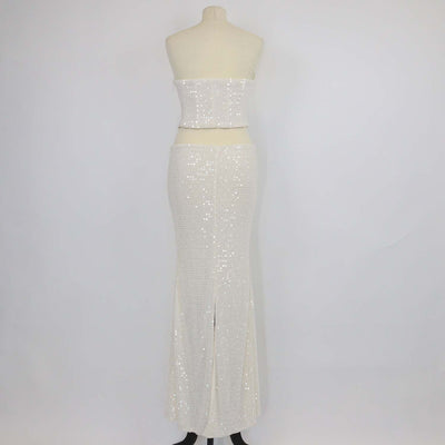Oh Polly Ivory Sequin Beaded Off Shoulder Cut Out Midi Dress