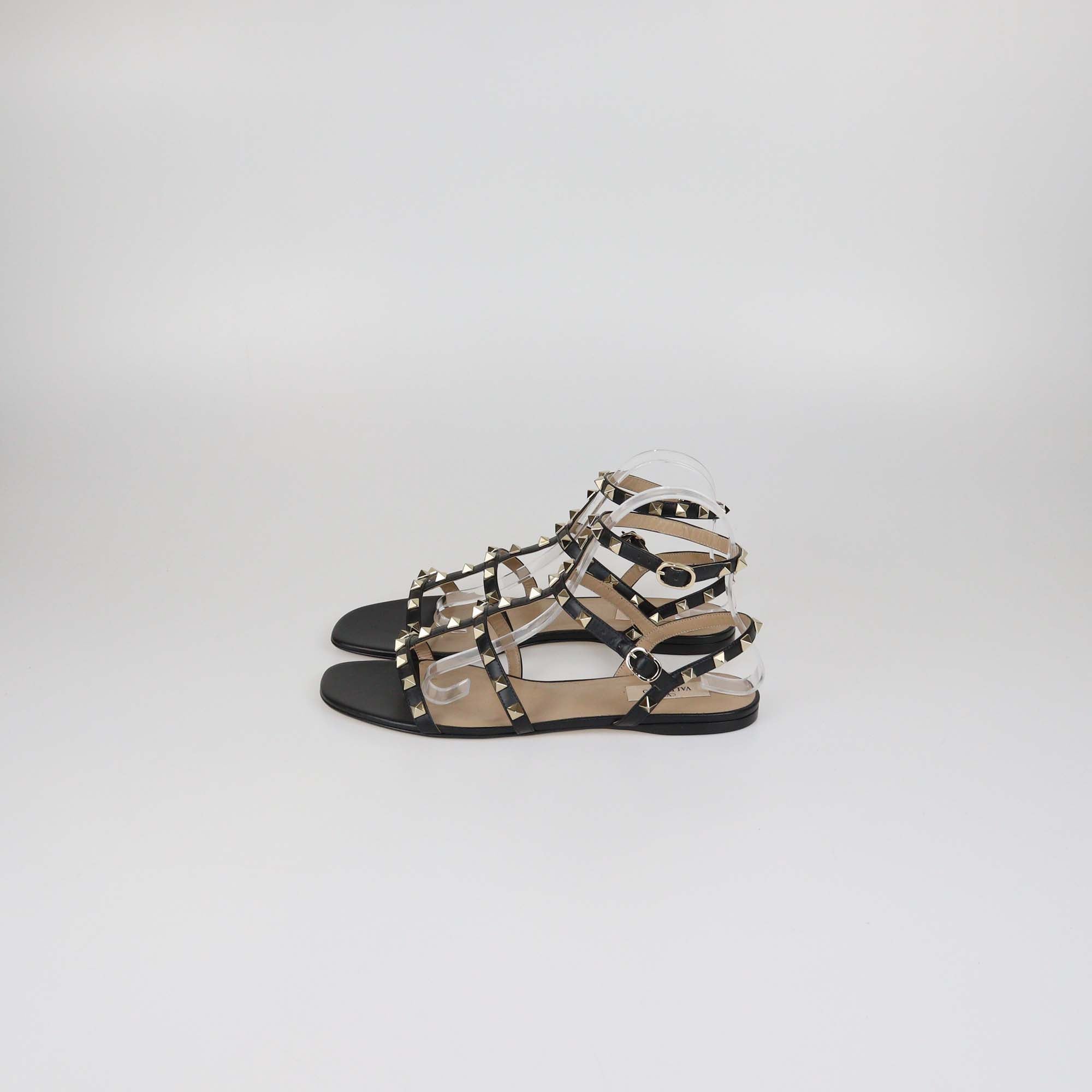 Valentino Black Leather Rockstud T-Strap Caged Flat Sandals