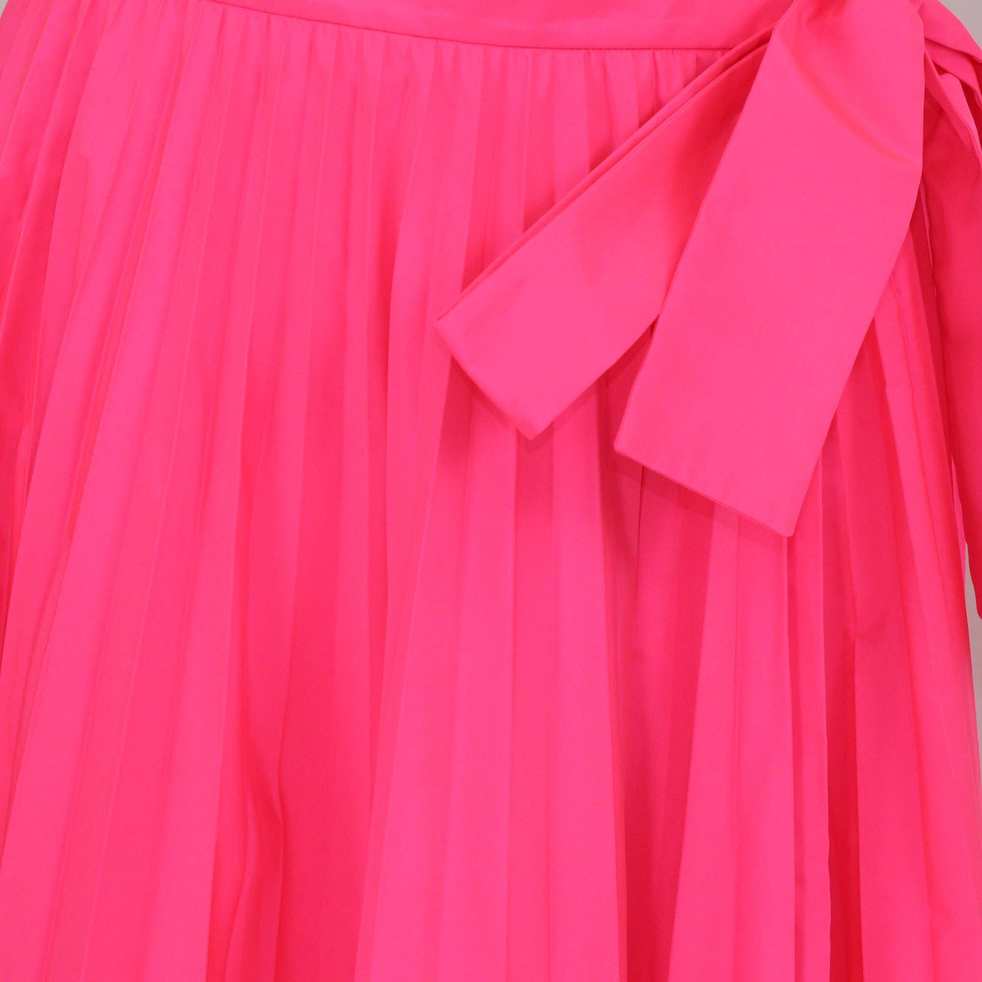 Valentino Neon Pink Polyester Tied-Waist Pleated Midi Skirt Womens Valentino 