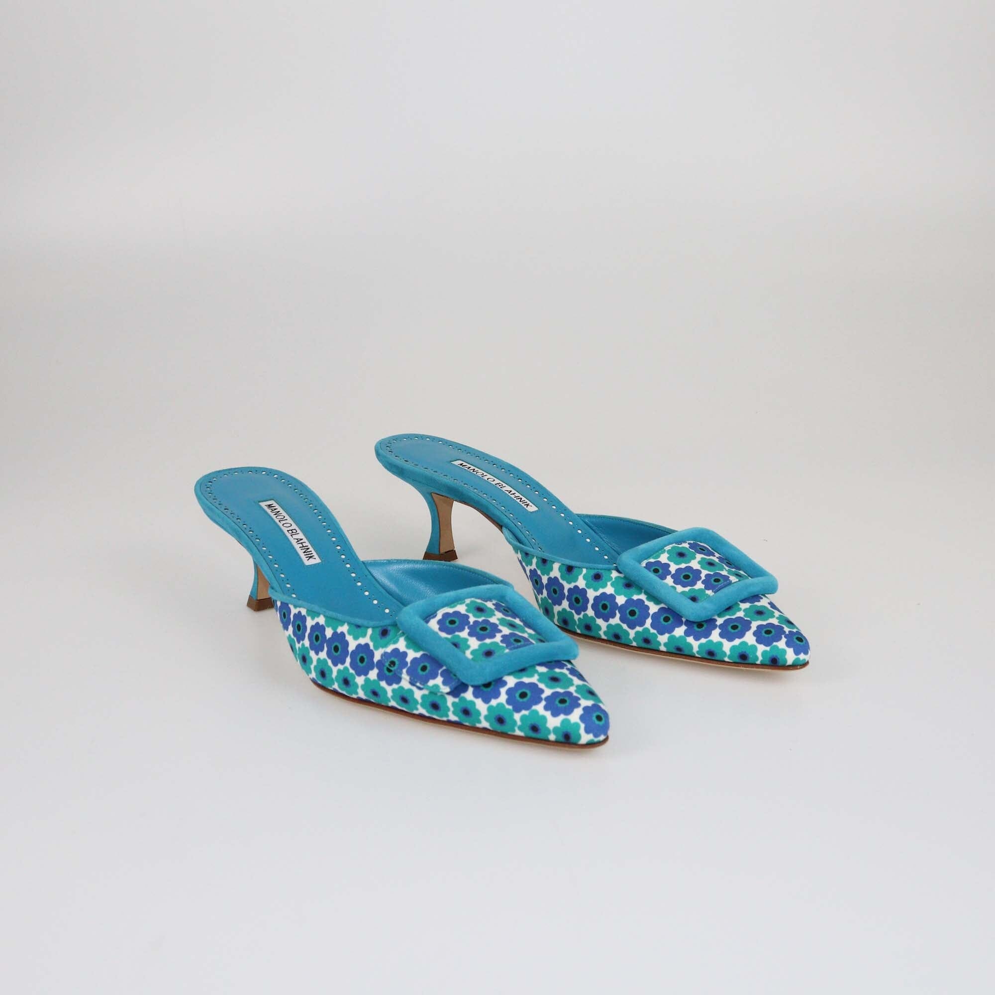 Manolo Blahnik Blue Floral Printed Maysale Mules Womens Manolo Blahnik 