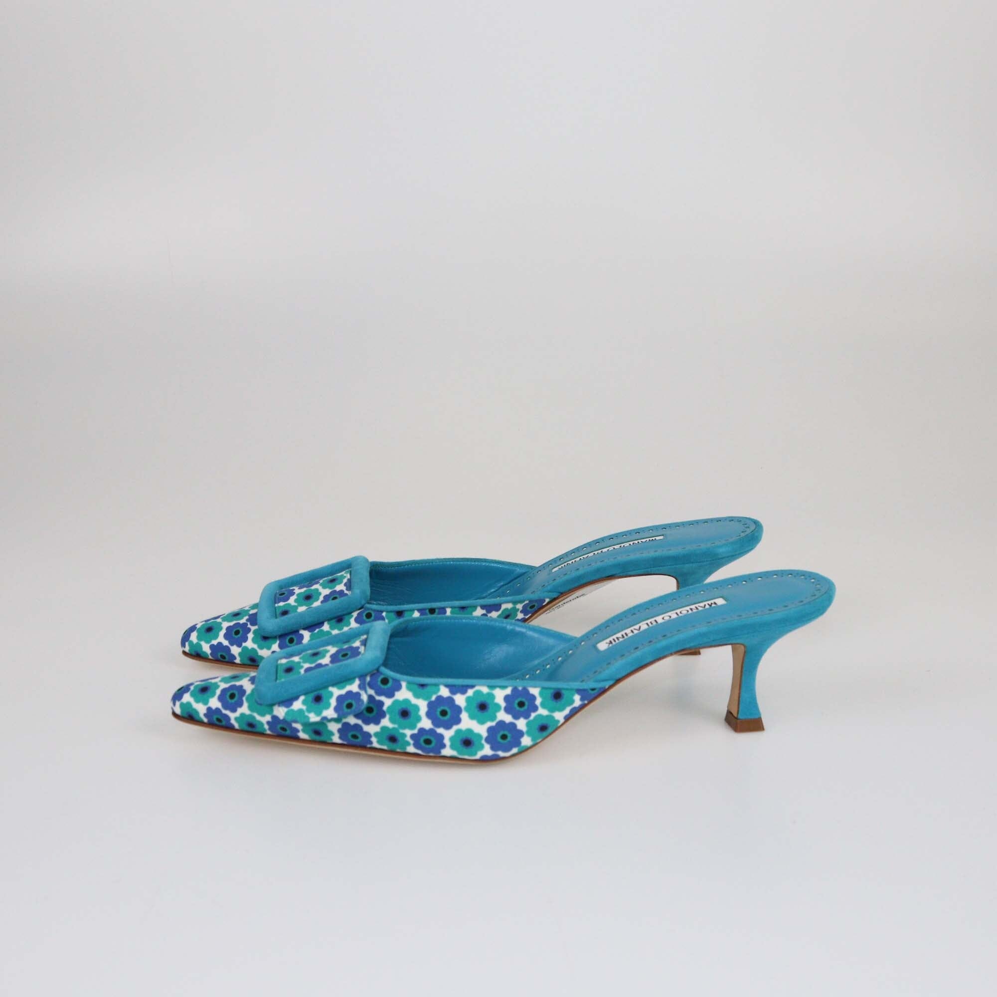 Manolo Blahnik Blue Floral Printed Maysale Mules Womens Manolo Blahnik 