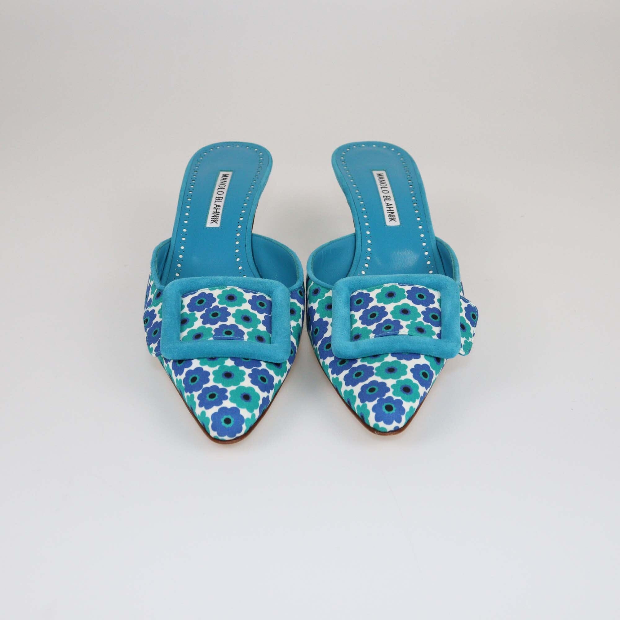 Manolo Blahnik Blue Floral Printed Maysale Mules Womens Manolo Blahnik 