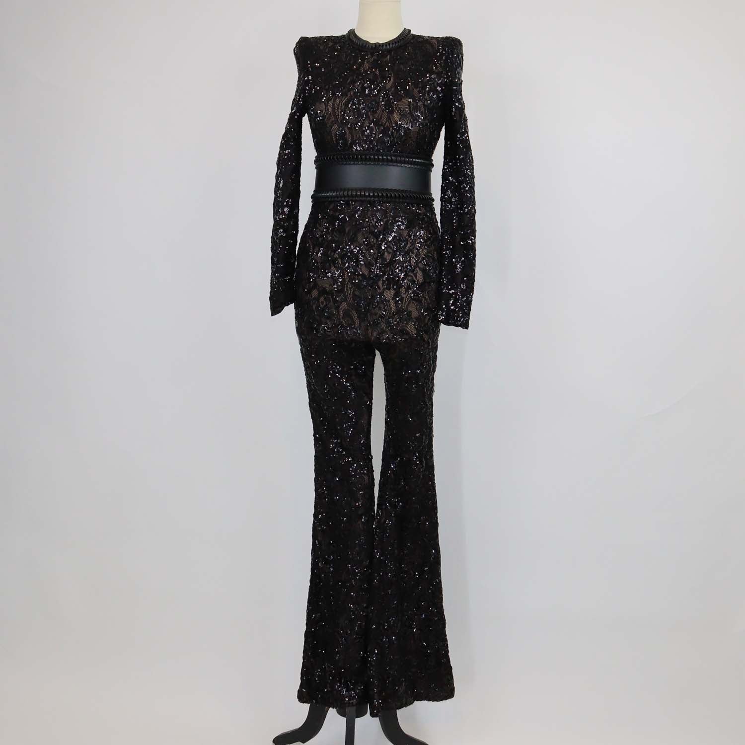 Nadine Merabi Black Lace Sequins Bella Jumpsuit