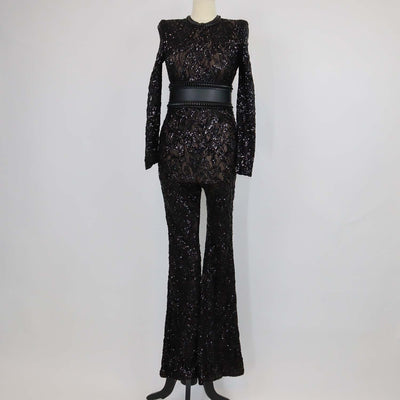 Nadine Merabi Black Lace Sequins Bella Jumpsuit