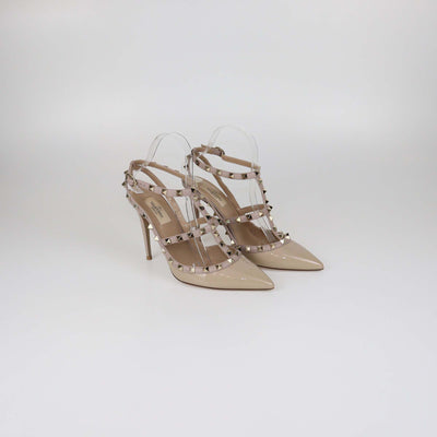 Valentino Beige Patent Leather Rockstud Caged Pumps