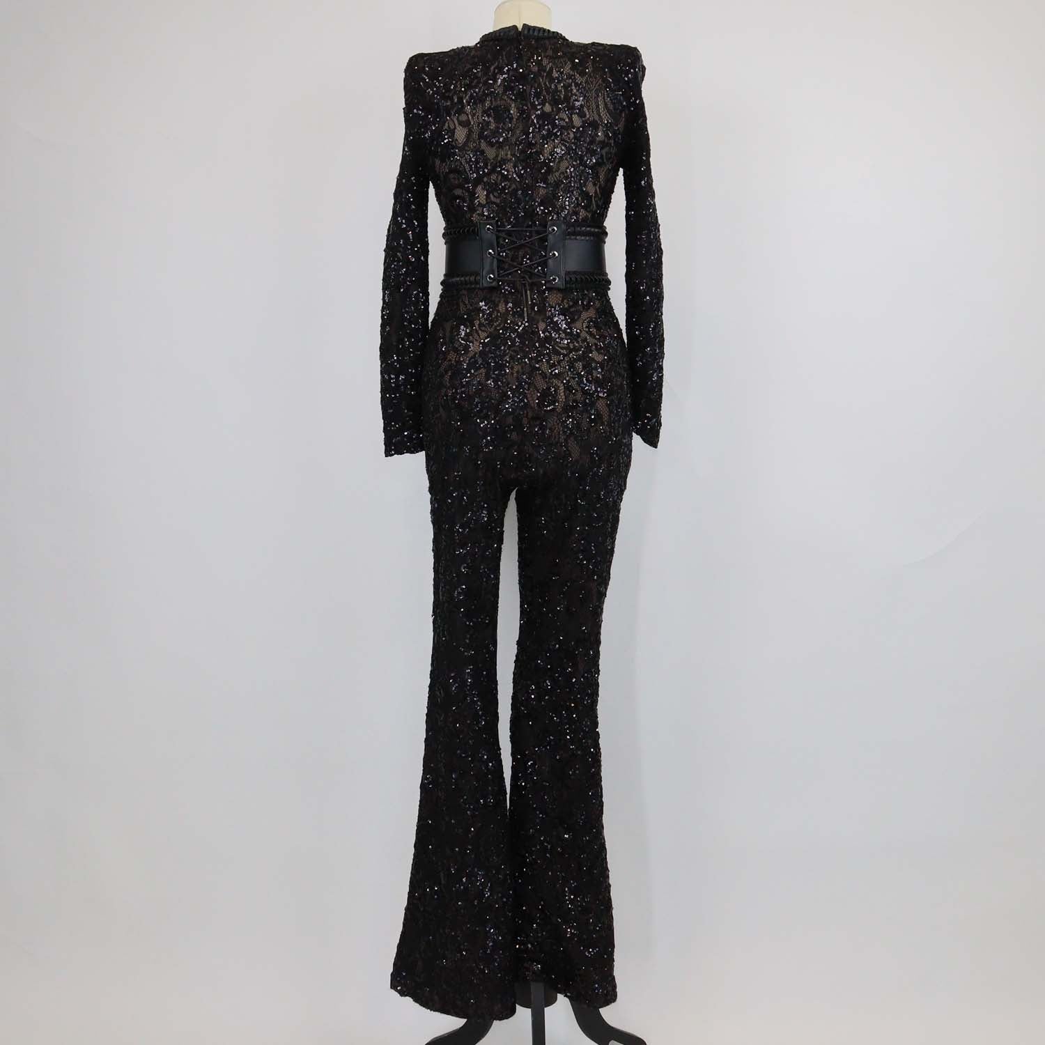 Nadine Merabi Black Lace Sequins Bella Jumpsuit