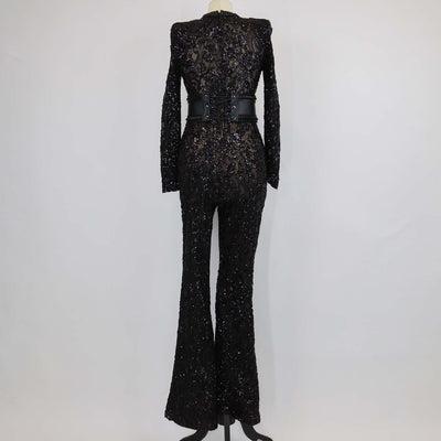 Nadine Merabi Black Lace Sequins Bella Jumpsuit