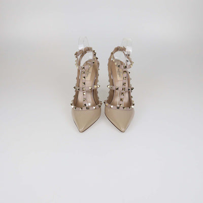 Valentino Beige Patent Leather Rockstud Caged Pumps