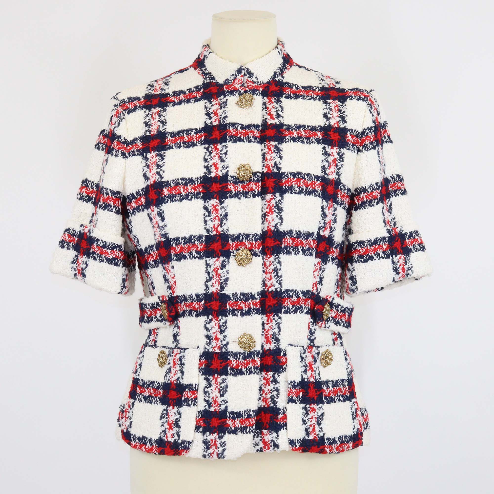 Gucci Tricolor Blend Fabric Tweed Checkered Three Quarter Sleeve Jacket