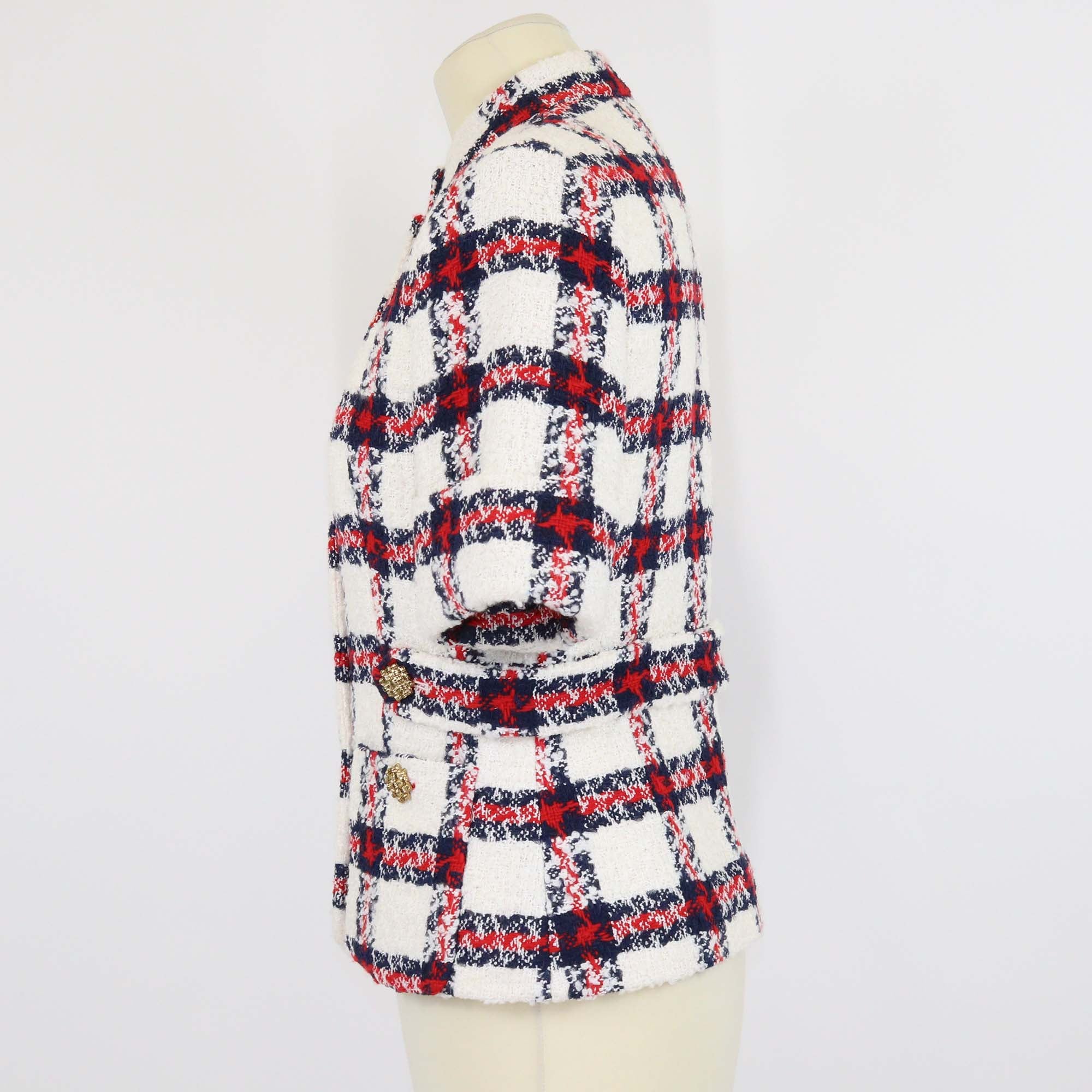 Gucci Tricolor Blend Fabric Tweed Checkered Three Quarter Sleeve Jacket