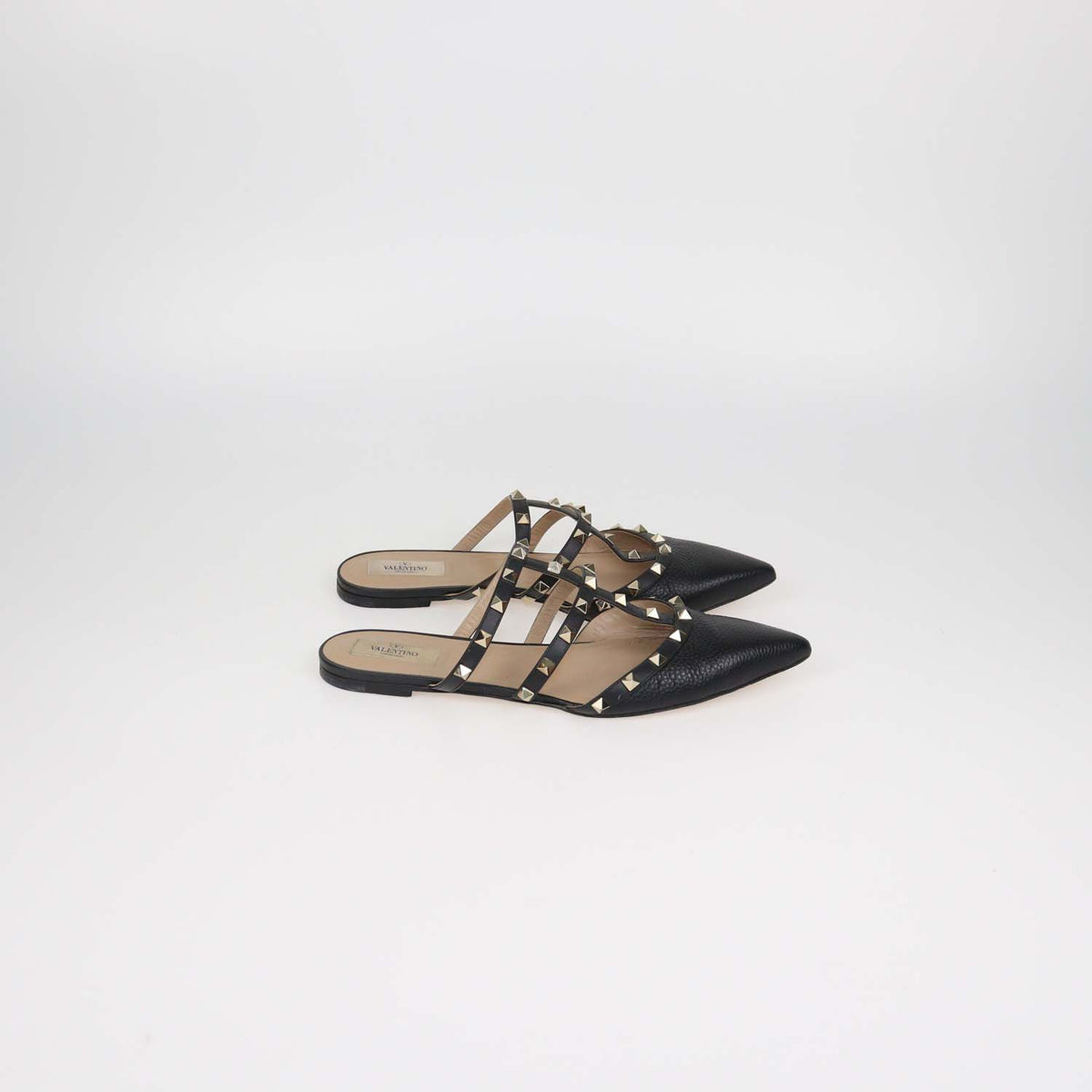 Valentino Black Leather Rockstud Pointed Toe Flat Mules