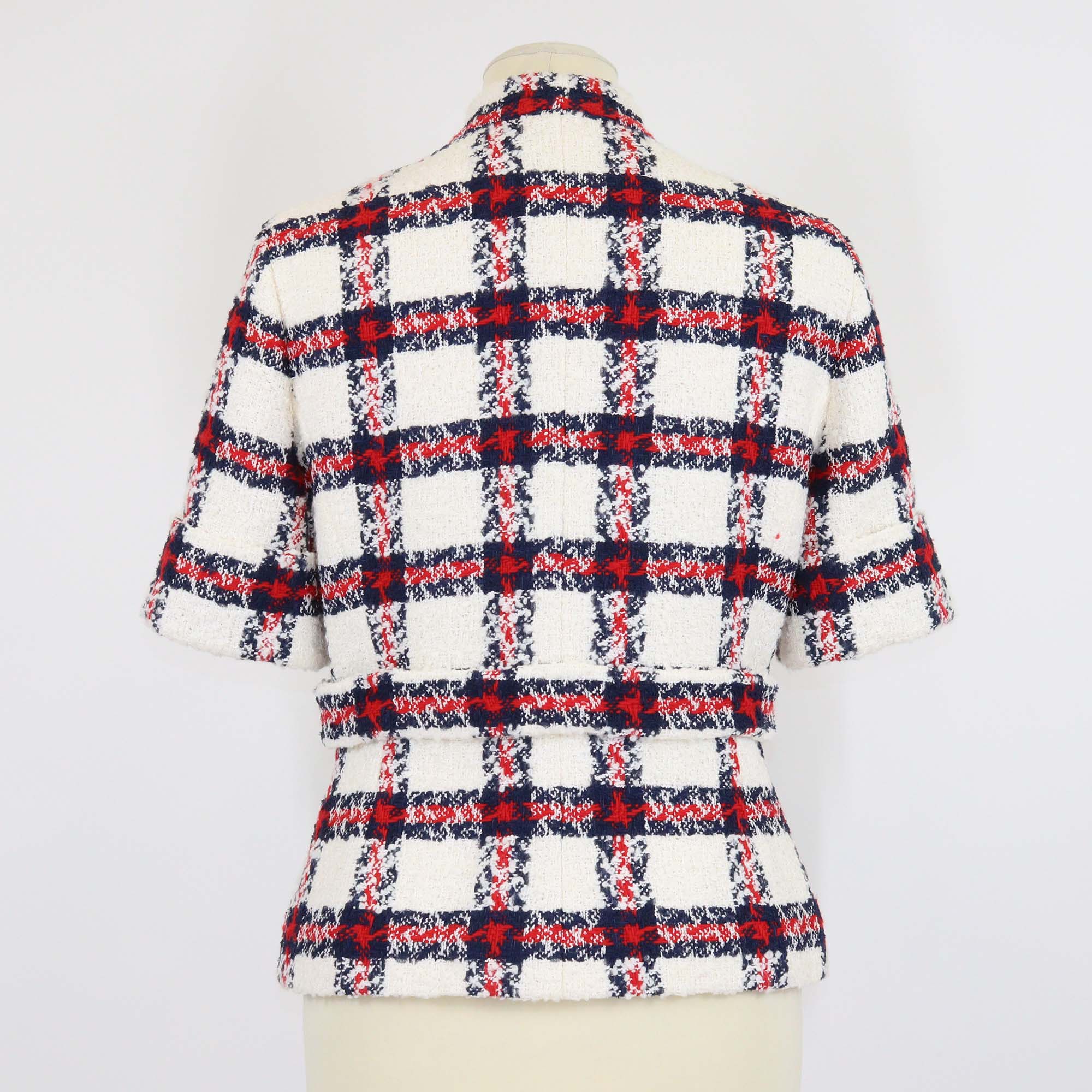 Gucci Tricolor Blend Fabric Tweed Checkered Three Quarter Sleeve Jacket