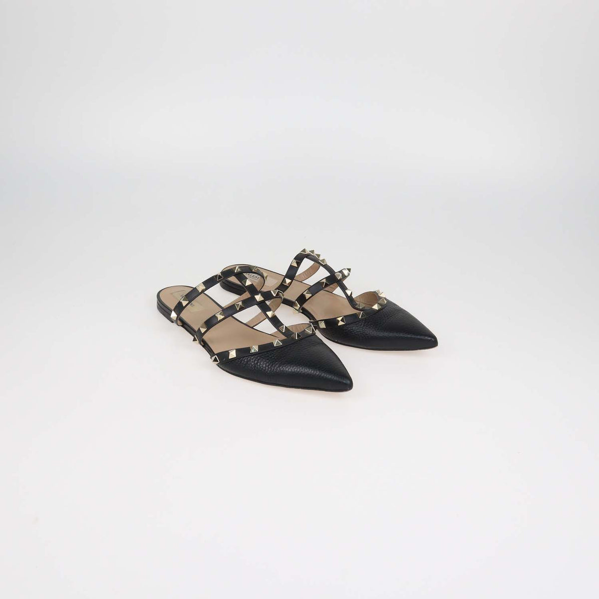 Valentino Black Leather Rockstud Pointed Toe Flat Mules