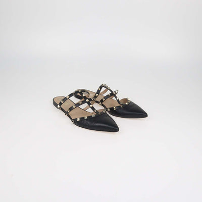 Valentino Black Leather Rockstud Pointed Toe Flat Mules