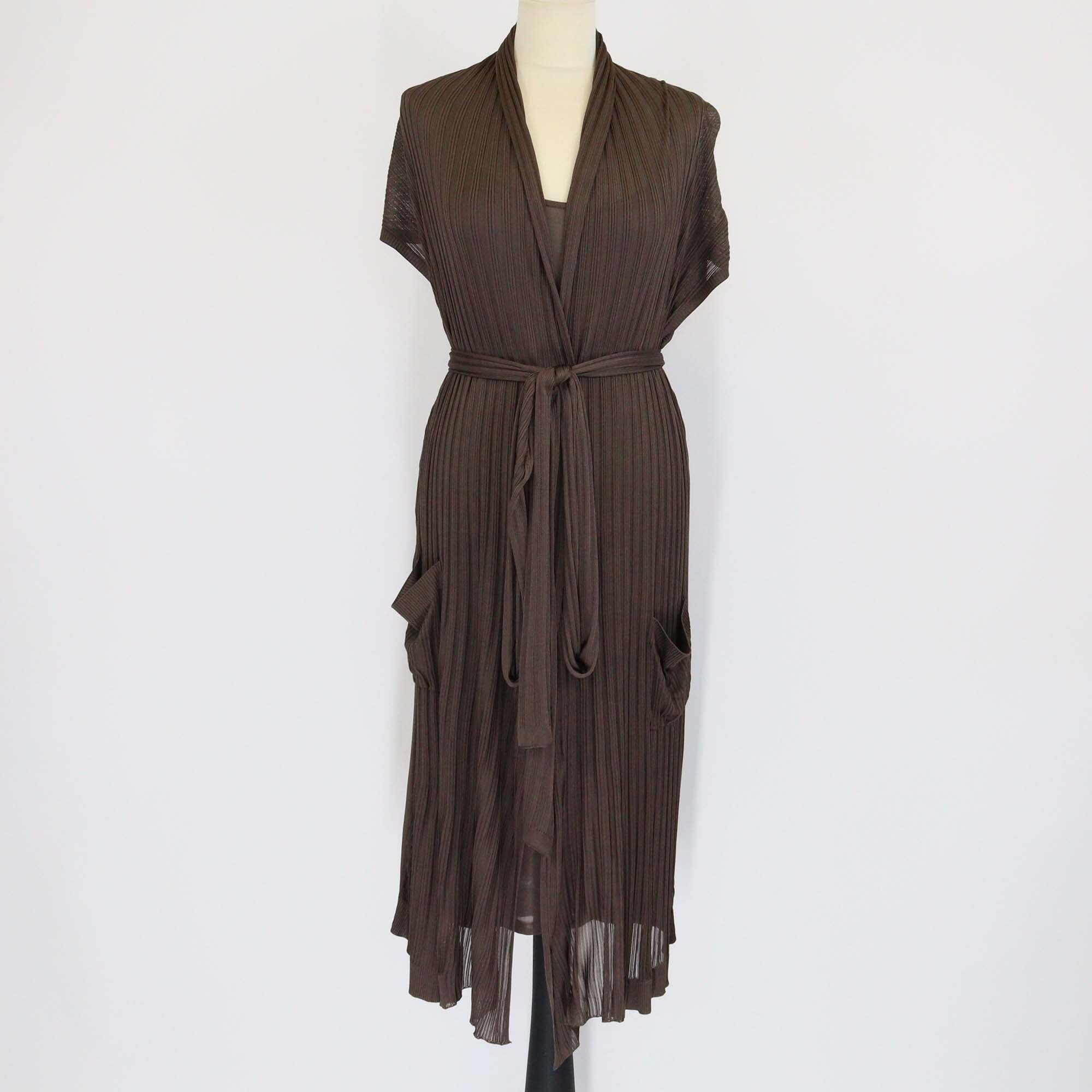 Hermes Dark Brown Viscose Sleeveless Dress & Belted Open Long Cardigan Set Womens Hermes 