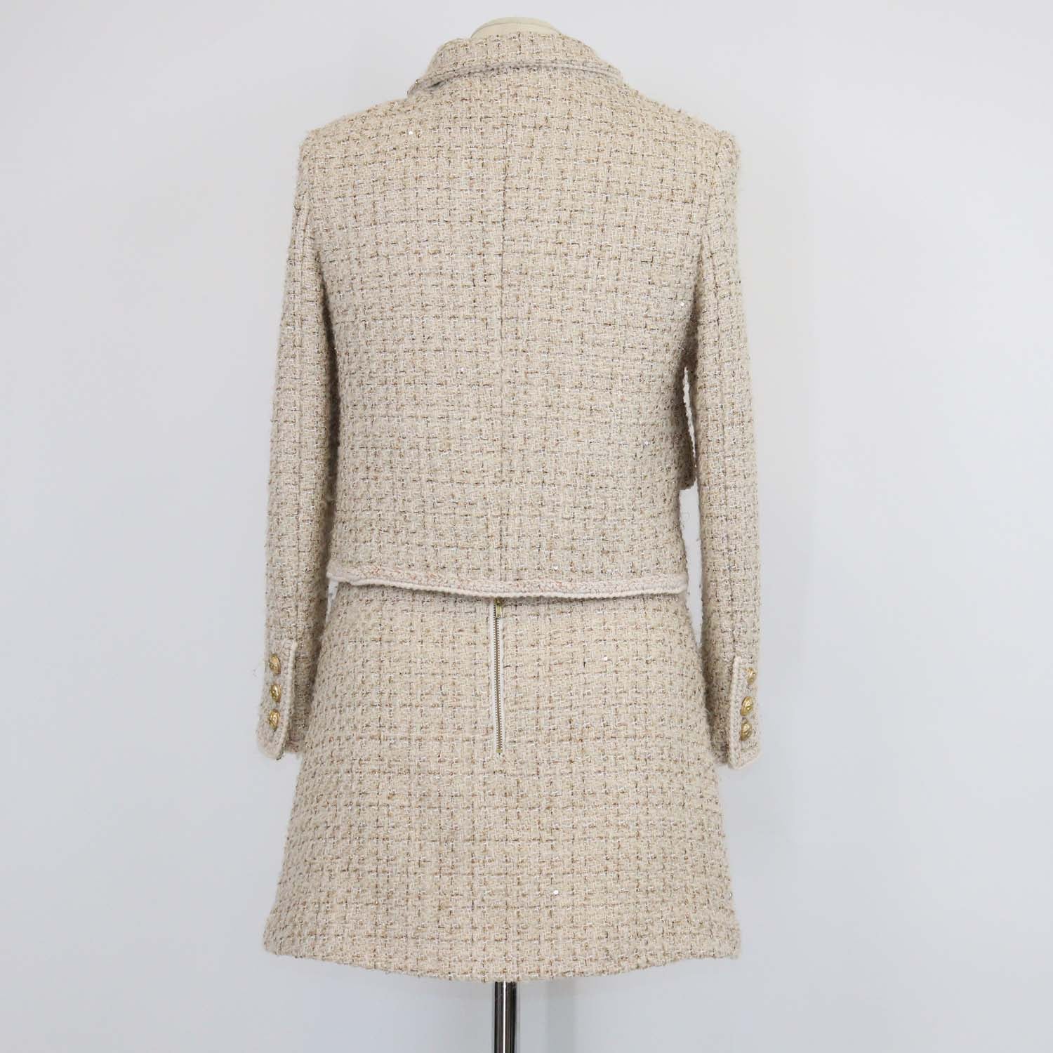 Chanel Beige Tweed Gold-Button Cropped Jacket & Mini Skirt Set