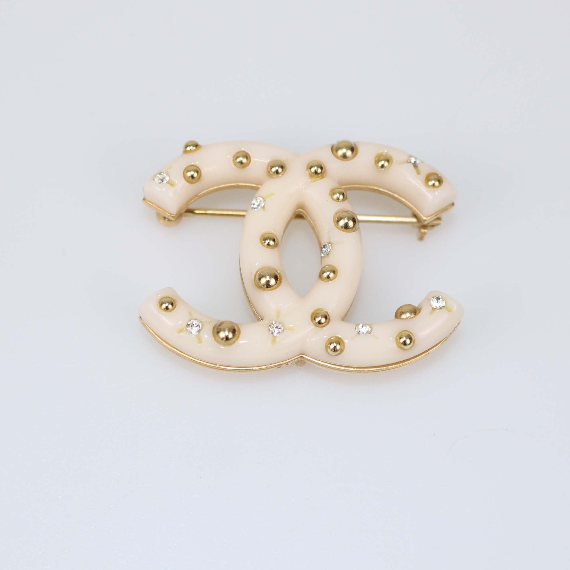 Chanel Cream Resin Studded CC Brooch Womens Chanel 