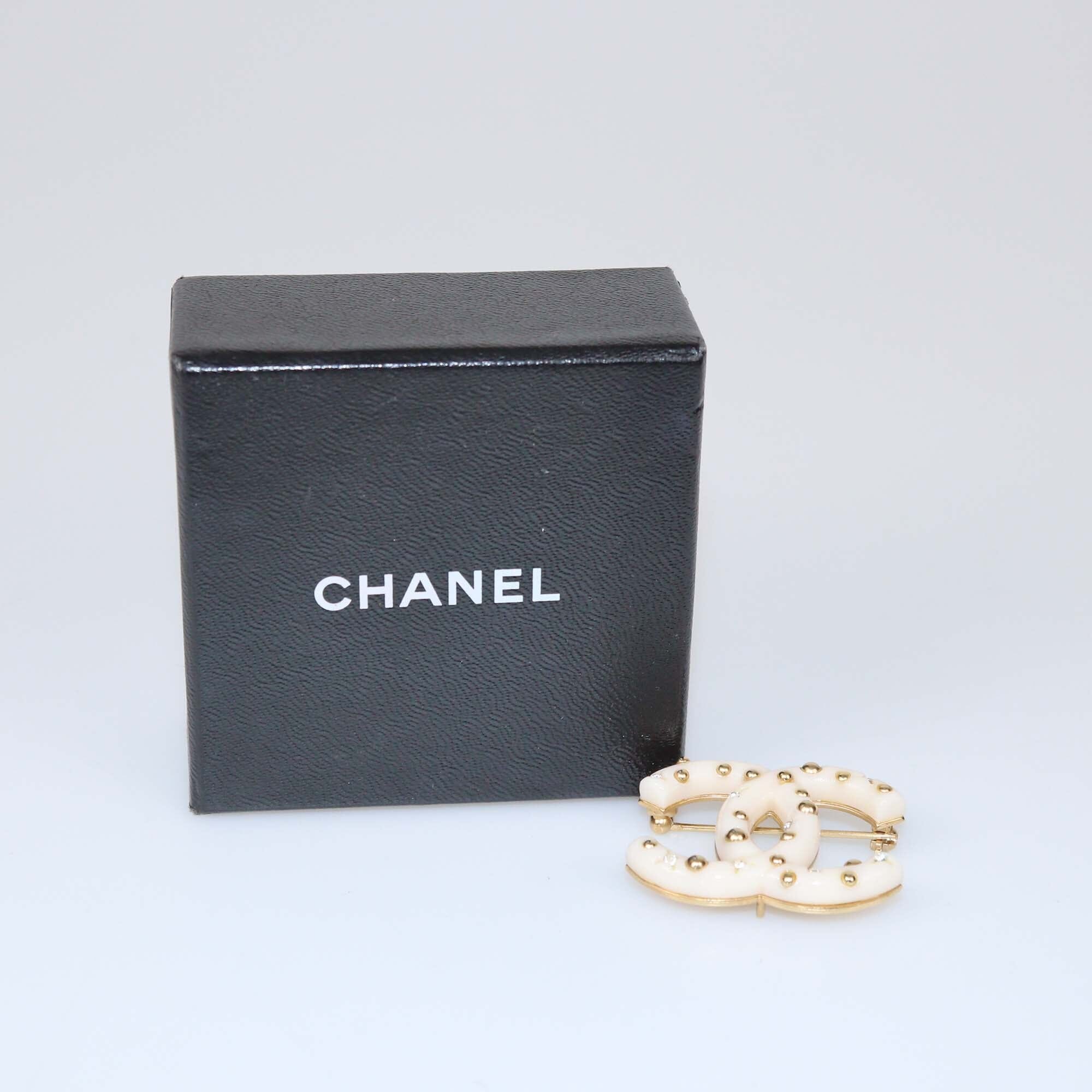 Chanel Cream Resin Studded CC Brooch Womens Chanel 