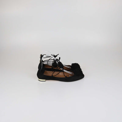 Aquazzura Black Suede Pom Pom Sunshine Ballet Flats