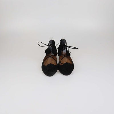 Aquazzura Black Suede Pom Pom Sunshine Ballet Flats