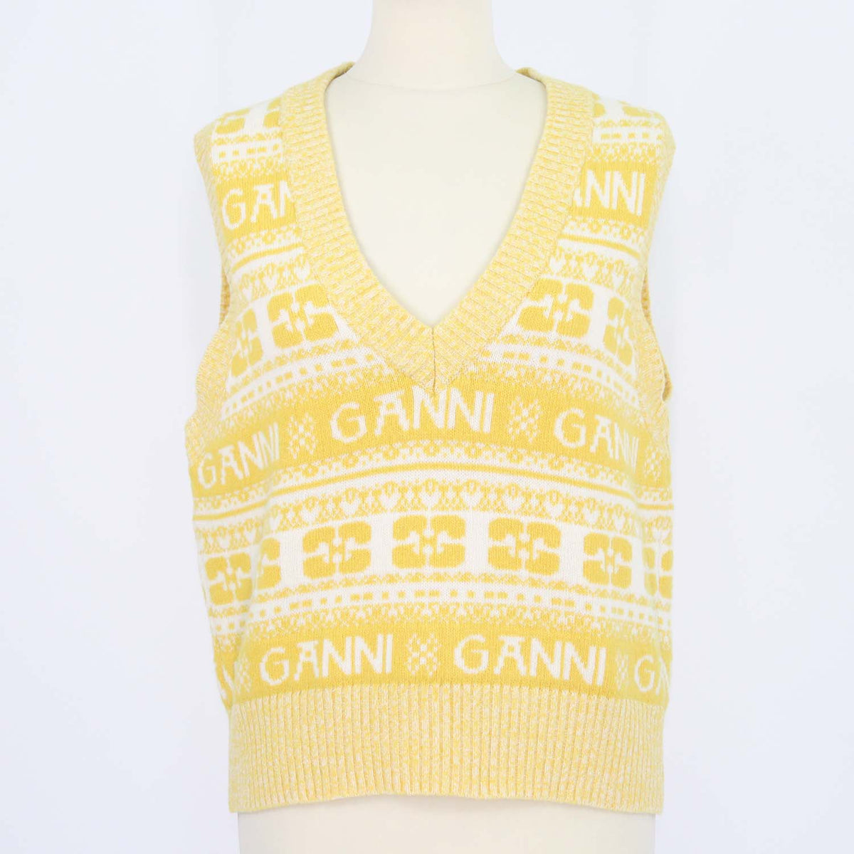 Ganni Yellow, Off White Wool Logo Print V-Neck Sleeveless Top