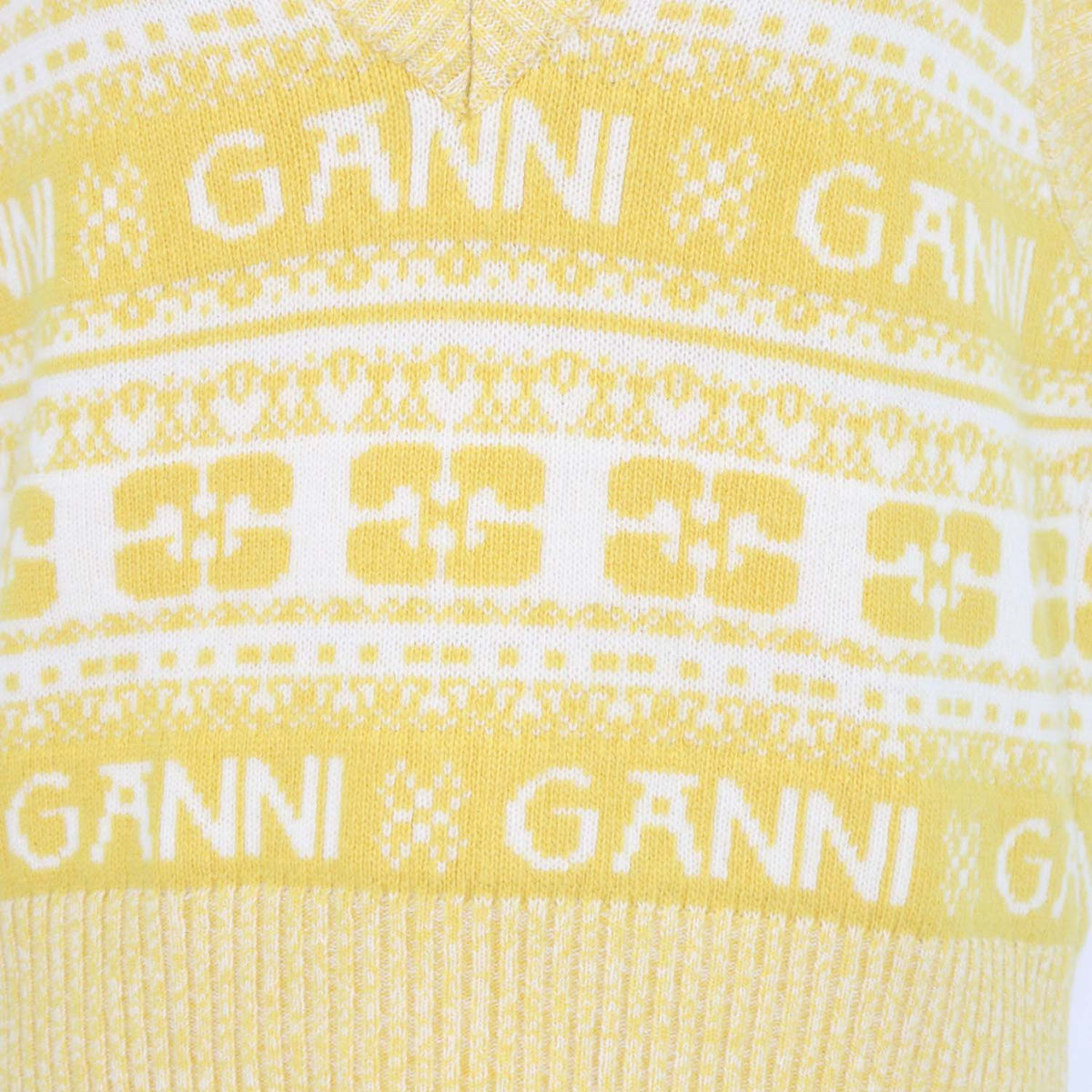 Ganni Yellow, Off White Wool Logo Print V-Neck Sleeveless Top
