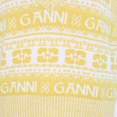Ganni Yellow, Off White Wool Logo Print V-Neck Sleeveless Top