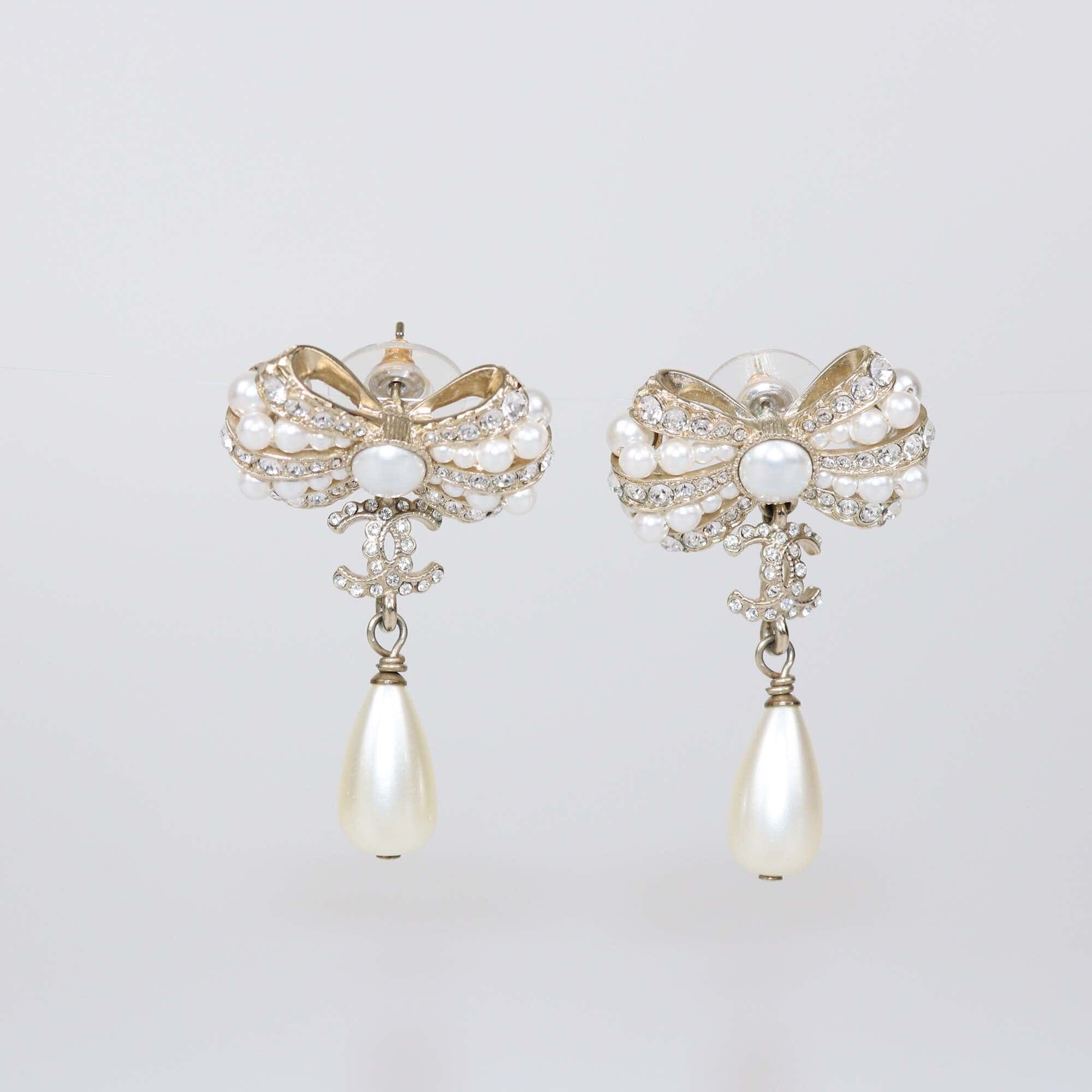 Chanel Gold Tone Metal Bow CC Faux Pearls & Crystals Teardrop Earrings Womens Chanel 