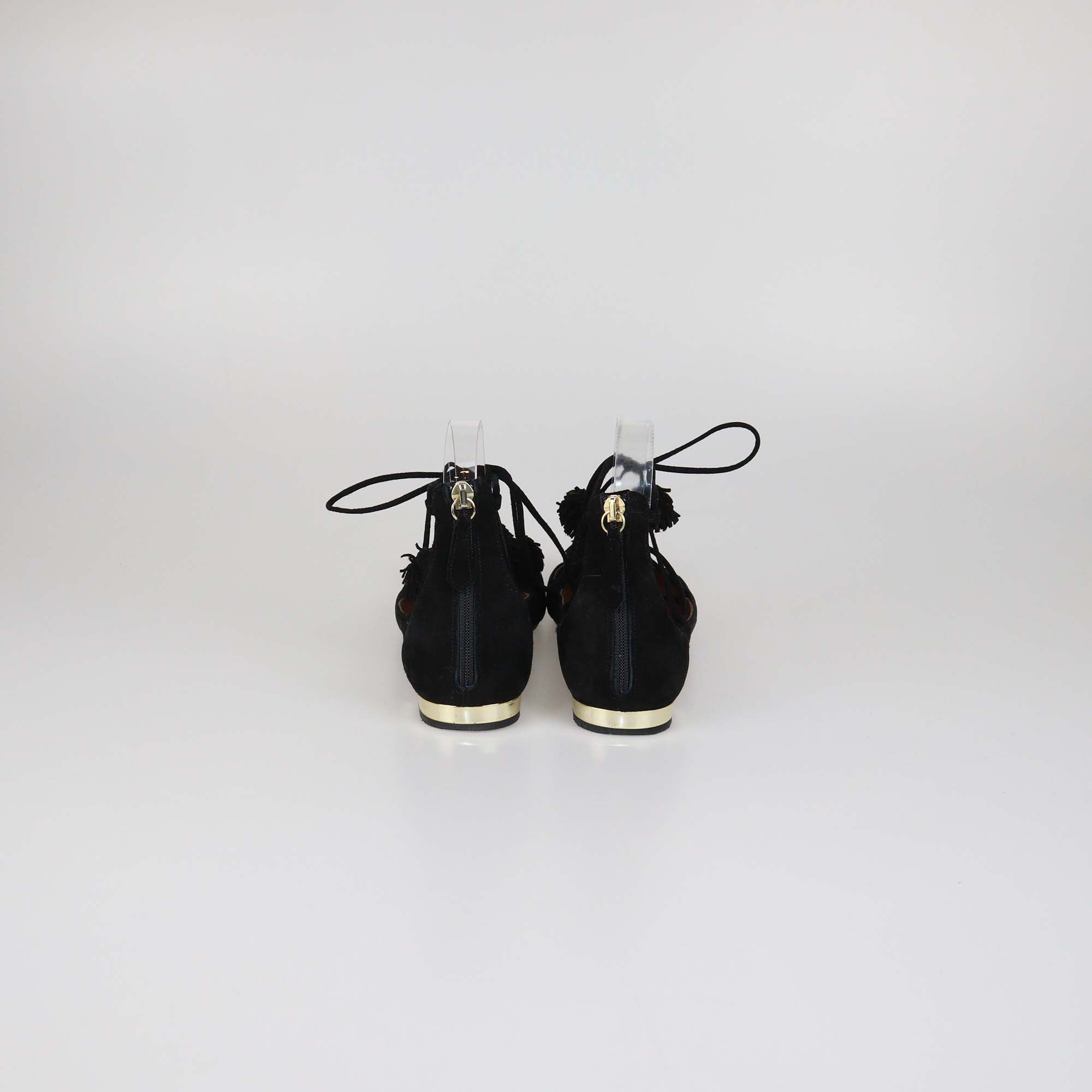 Aquazzura Black Suede Pom Pom Sunshine Ballet Flats