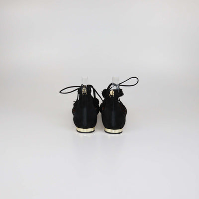 Aquazzura Black Suede Pom Pom Sunshine Ballet Flats