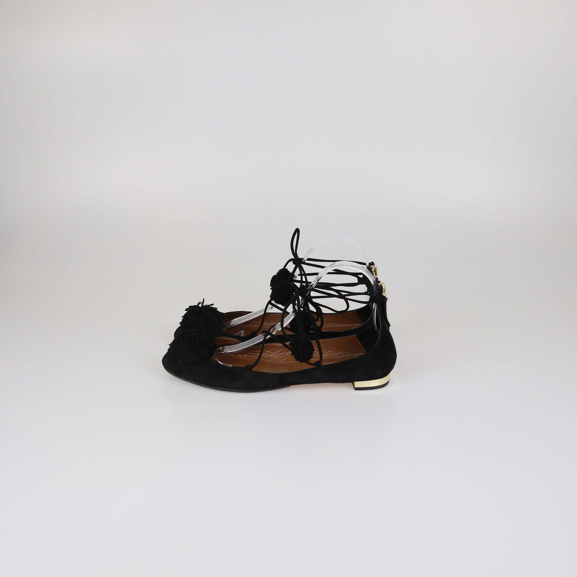 Aquazzura Black Suede Pom Pom Sunshine Ballet Flats