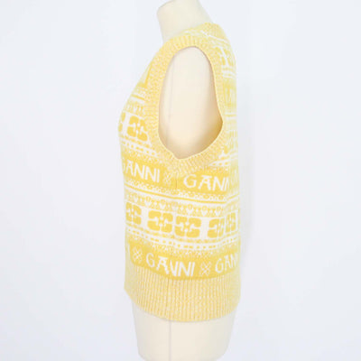 Ganni Yellow, Off White Wool Logo Print V-Neck Sleeveless Top