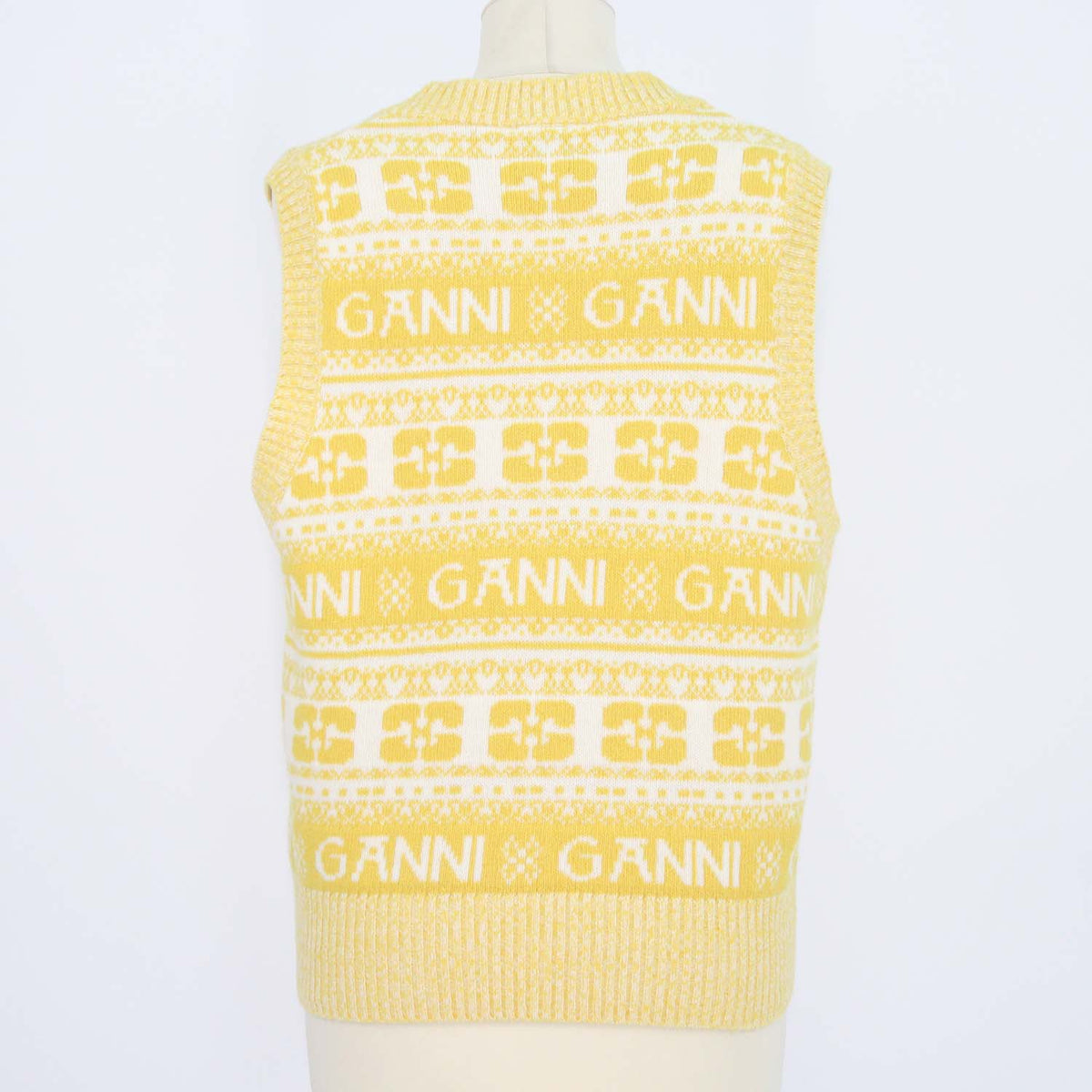 Ganni Yellow, Off White Wool Logo Print V-Neck Sleeveless Top