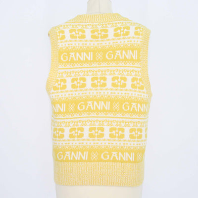 Ganni Yellow, Off White Wool Logo Print V-Neck Sleeveless Top