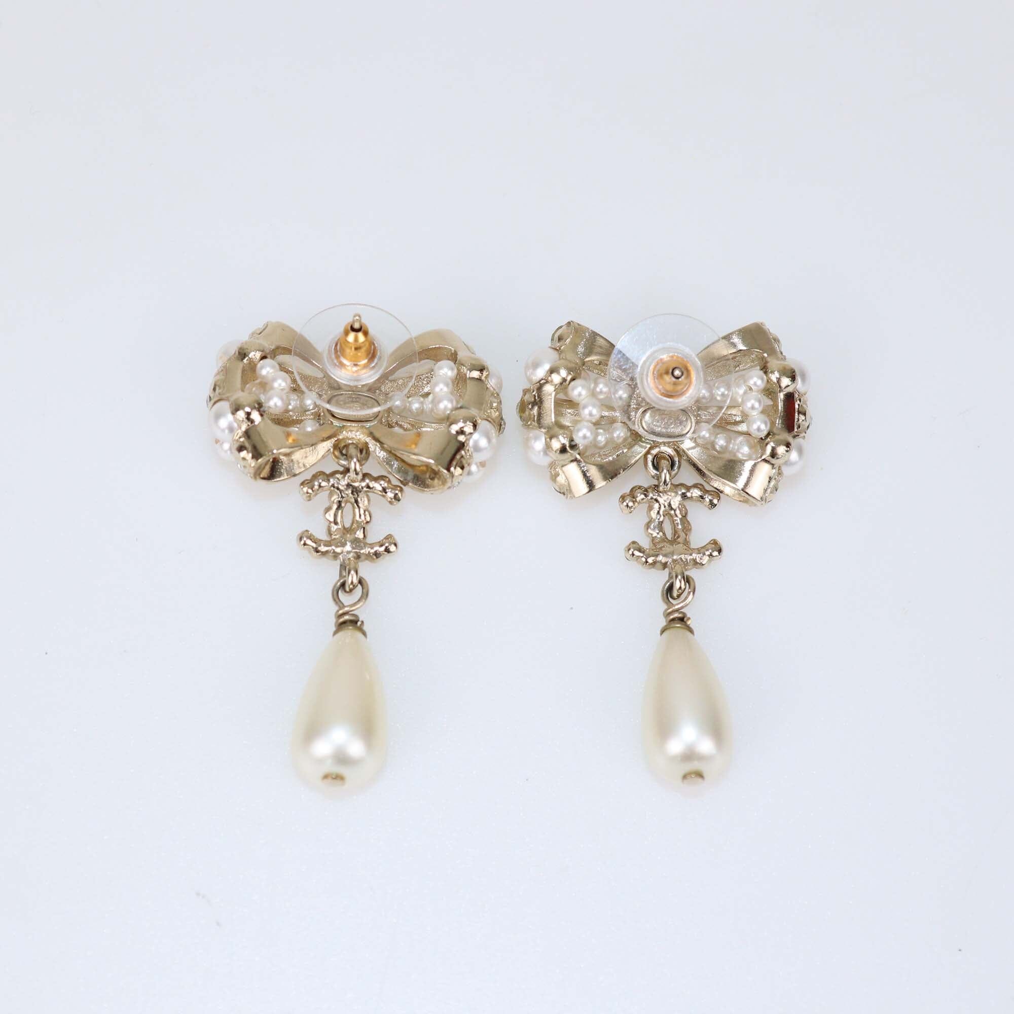 Chanel Gold Tone Metal Bow CC Faux Pearls & Crystals Teardrop Earrings Womens Chanel 