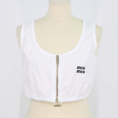 Miu Miu White Cotton Front Zip Drawstring Crop Top