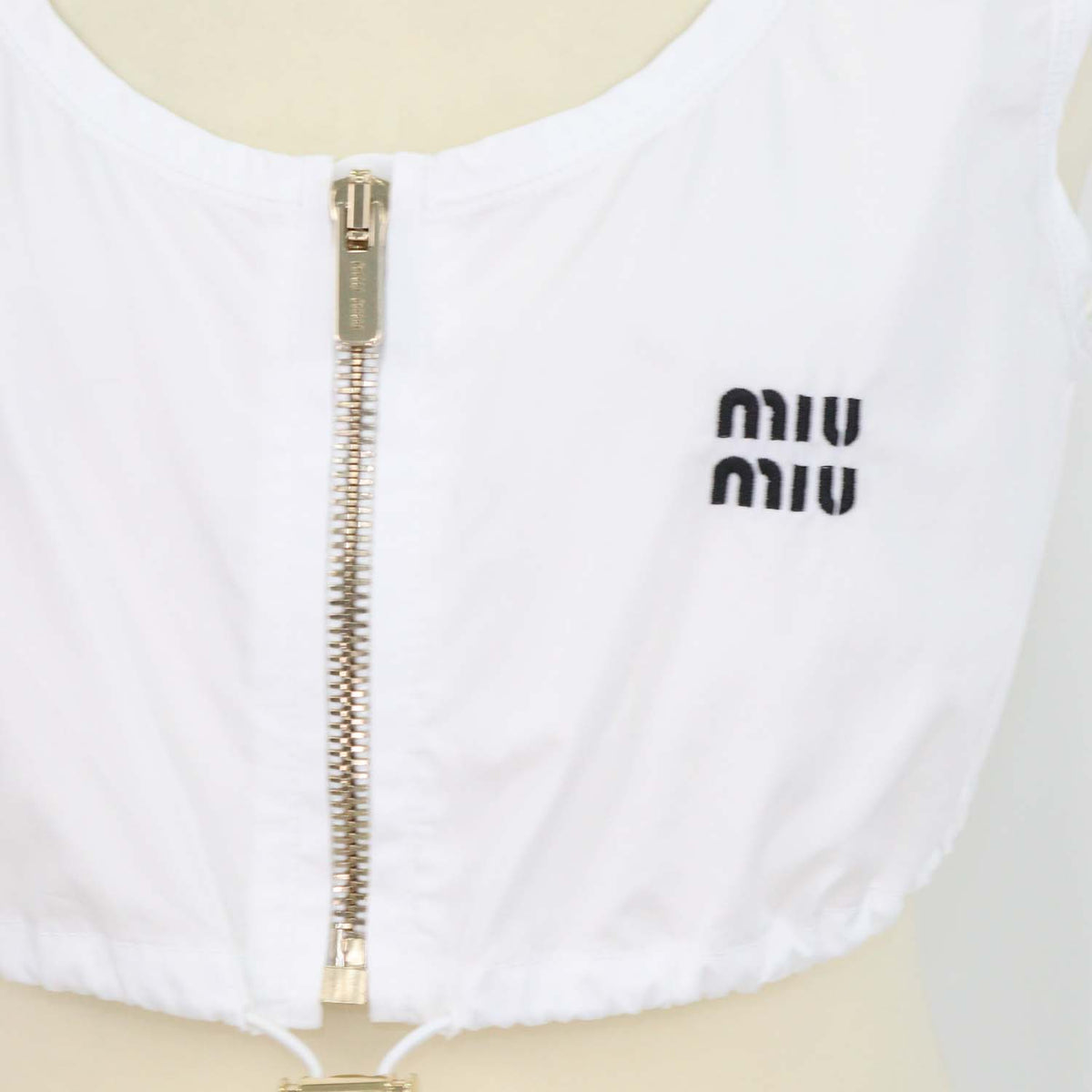 Miu Miu White Cotton Front Zip Drawstring Crop Top