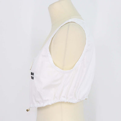 Miu Miu White Cotton Front Zip Drawstring Crop Top