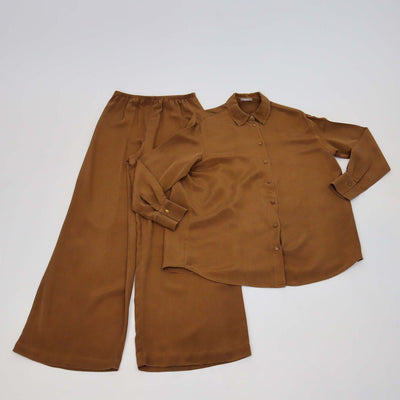 12 Storeez Brown Silk Long Sleeve Shirt & Trouser Set