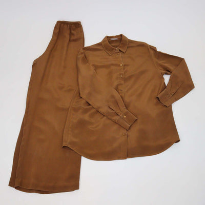 12 Storeez Brown Silk Long Sleeve Shirt & Trouser Set