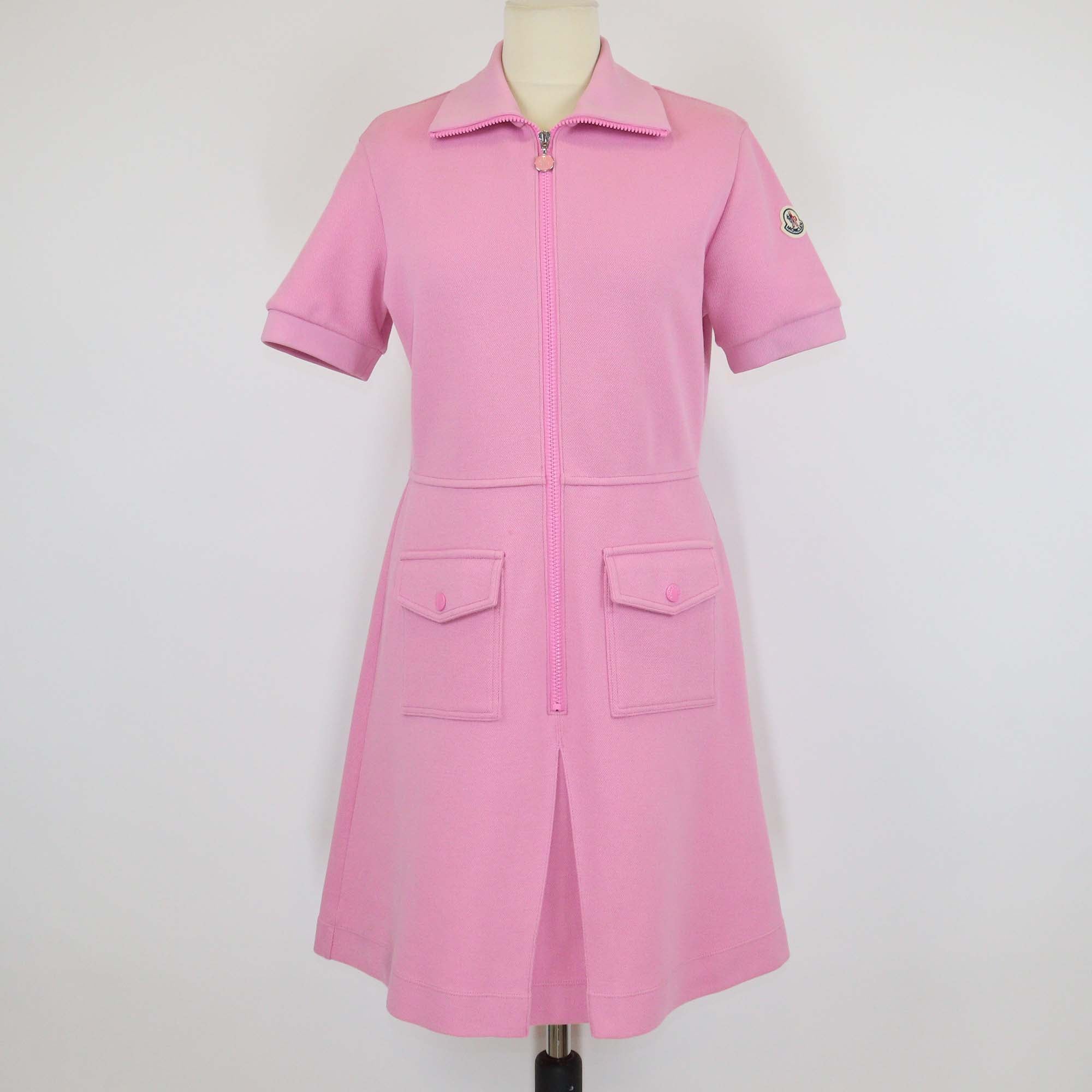 Moncler Pink Blend Cotton Short Sleeve Zip Midi Dress