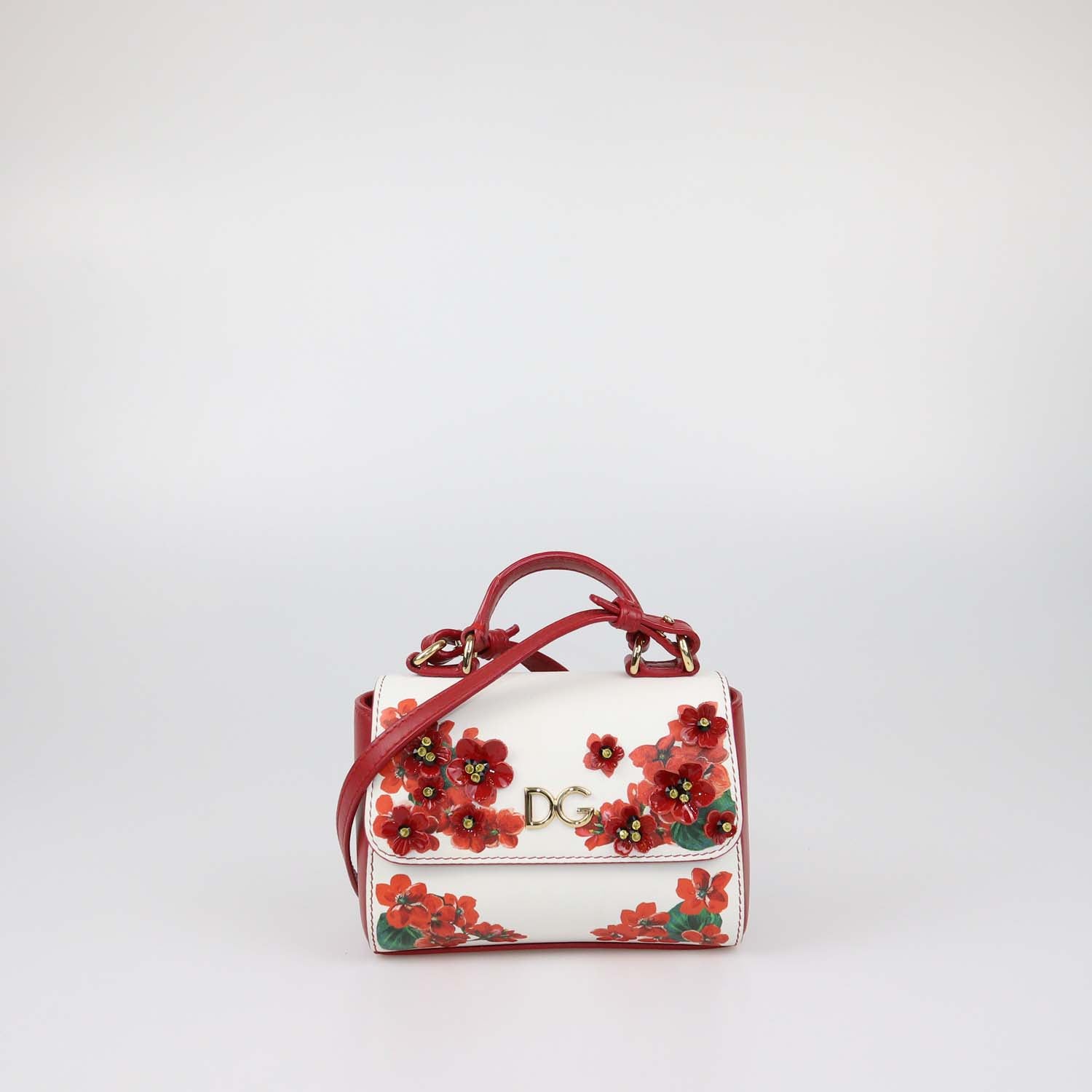 Dolce & Gabbana Bambino White/Red Leather Floral Applique Mini Top Handle Bag