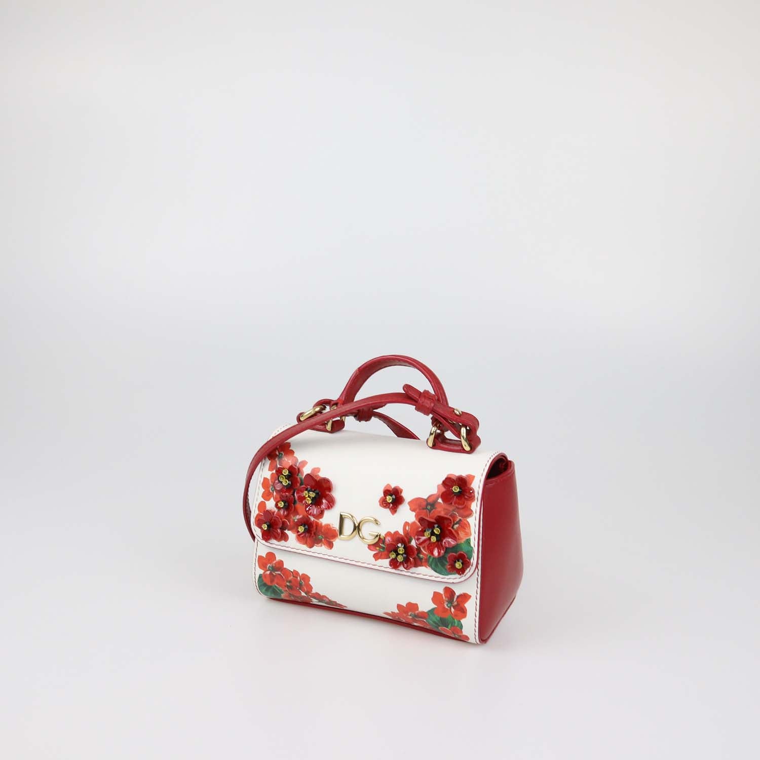 Dolce & Gabbana Bambino White/Red Leather Floral Applique Mini Top Handle Bag