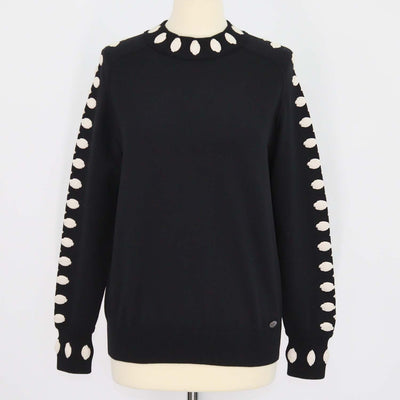 Chanel Black, Ivory Blend Wool Embroidered Applique Crew Neck Sweater