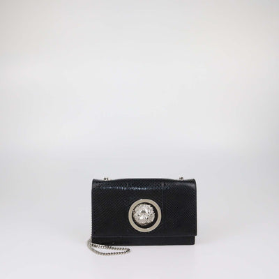 Versus Versace Black Snake Embossed Leather Lion Logo Chain Clutch
