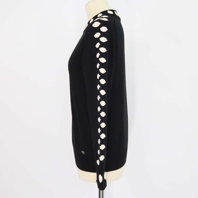 Chanel Black, Ivory Blend Wool Embroidered Applique Crew Neck Sweater
