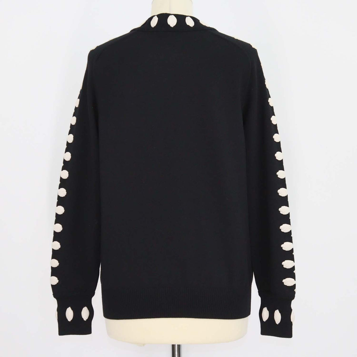 Chanel Black, Ivory Blend Wool Embroidered Applique Crew Neck Sweater