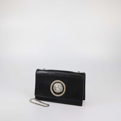Versus Versace Black Snake Embossed Leather Lion Logo Chain Clutch