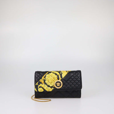 Versace Black Quilted Leather Barocco Print Medusa Wallet On Chain