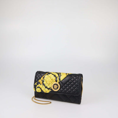 Versace Black Quilted Leather Barocco Print Medusa Wallet On Chain